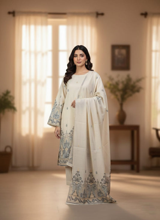 Lawn 3 piece with light weight Jacquard shawl  W.black