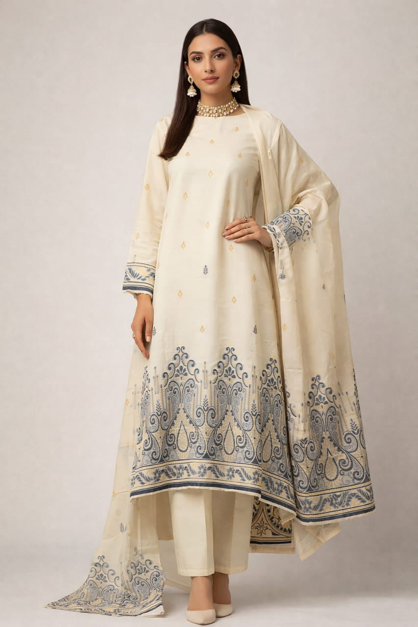 Lawn 3 piece with light weight Jacquard shawl w.blue