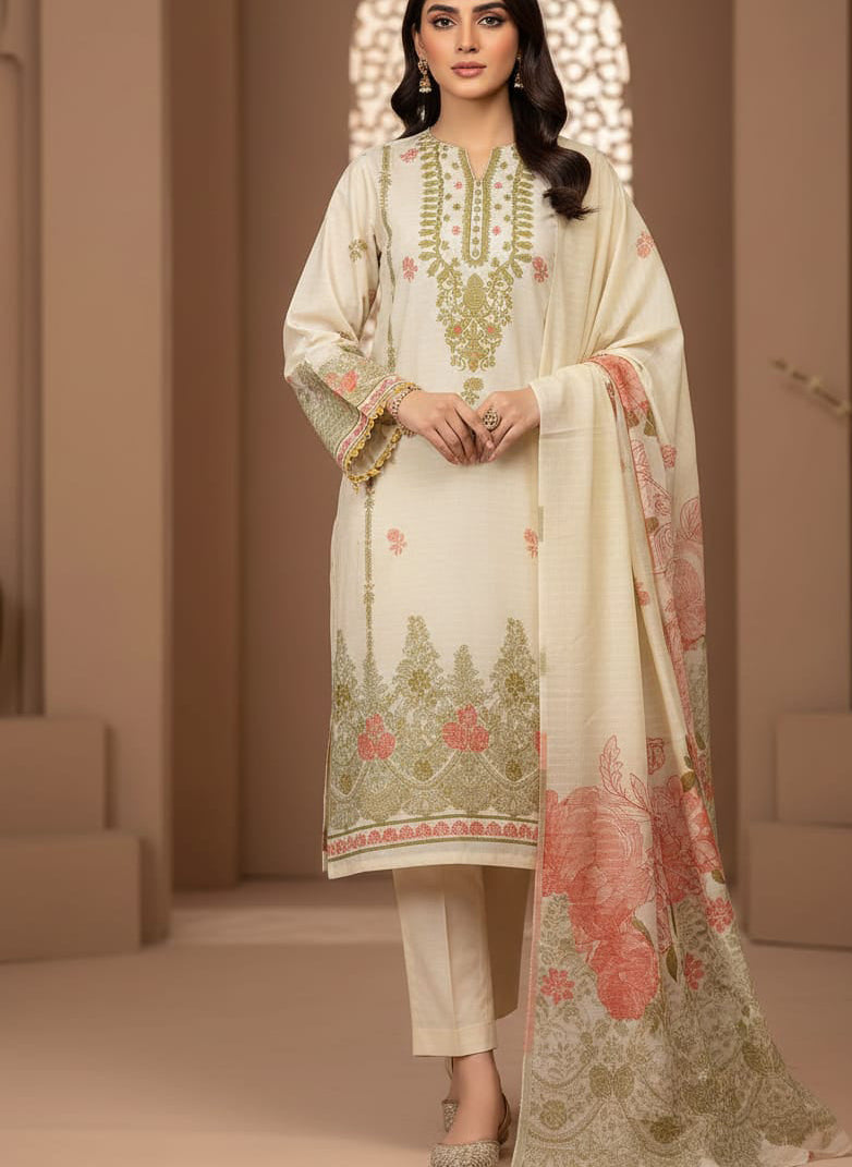 Lawn 3 piece with light weight Jacquard shawl   W. R.MEHNDI