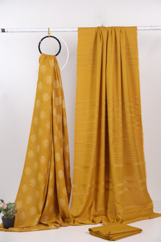 3 piece moon light lakahni print with Alpine Velvet Dubatta (yellow )