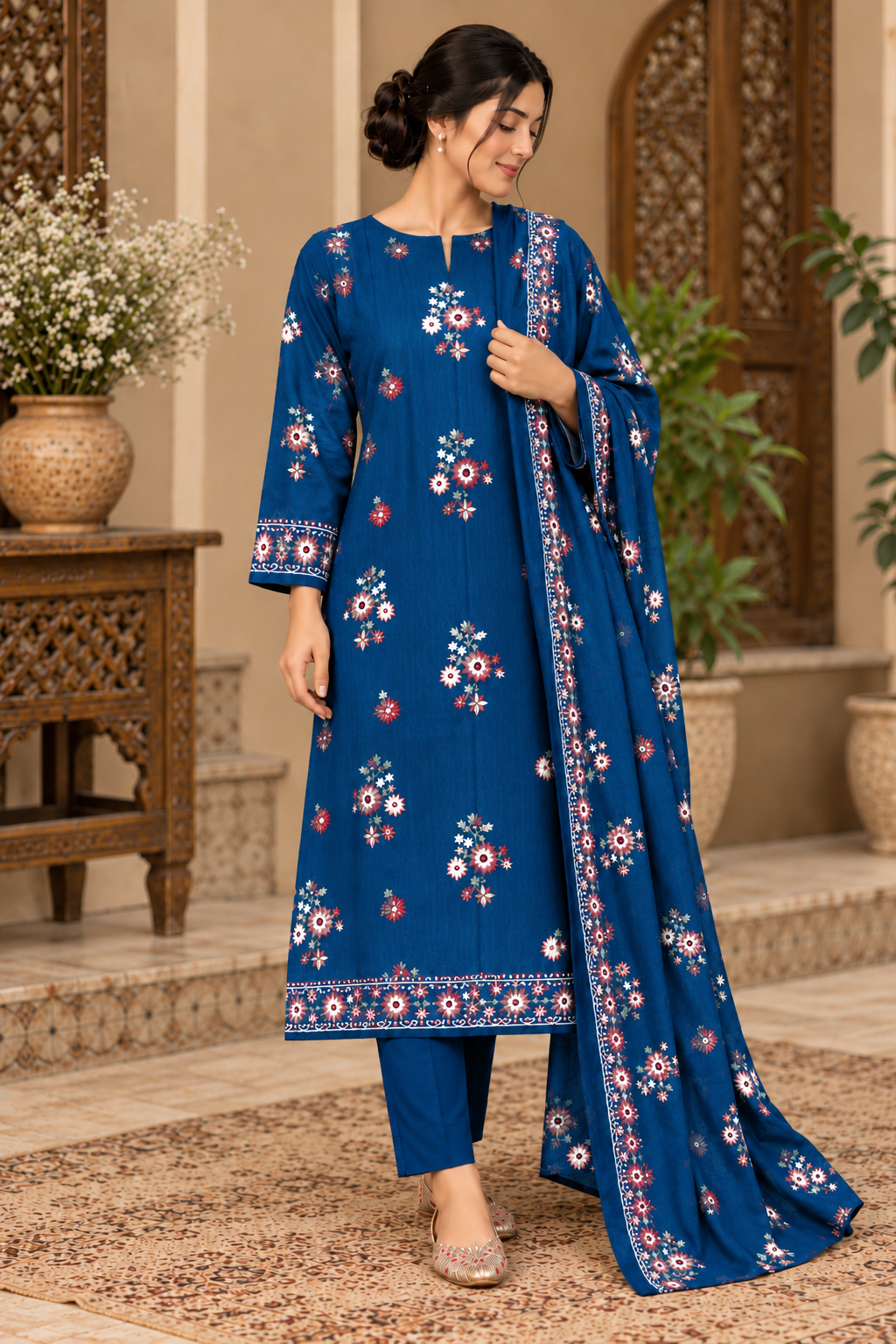 Premium Winter Dhanak Marina Embroidered 3 Piece Unstitched Suit -zink     (EMB07)
