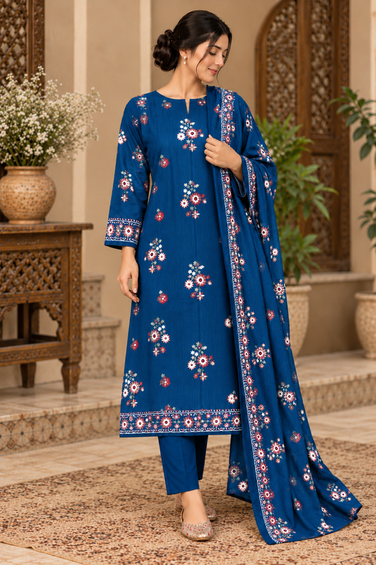 Premium Winter Dhanak Marina Embroidered 3 Piece Unstitched Suit -zink     (EMB07)